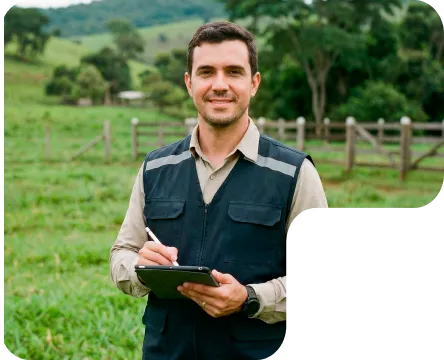 Nuproxa technical consultant with clipboard in pasture field providing animal nutrition technical support