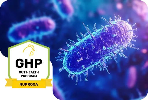 Nuproxa GHP Gut Health Program seal with bacteria visual for animal gut health nutrition