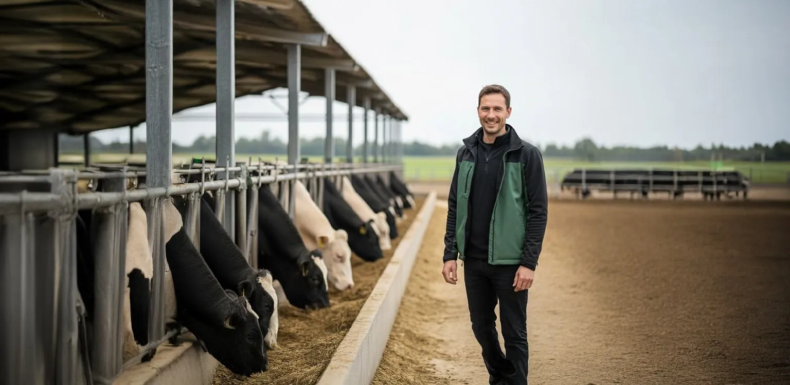 Nuproxa professional at dairy cattle farm showcasing career opportunities in animal nutrition